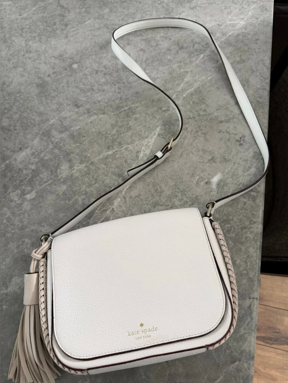 Kate Spade White Leather Crossbody with Braided Trim and Tassel
